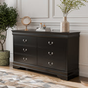 Left facing traditional black finish solid wood six-drawer dresser in a room with accessories