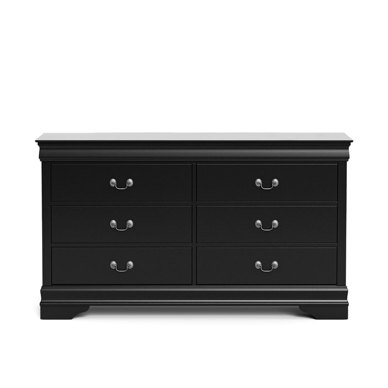 Front facing traditional black finish solid wood six-drawer dresser on a white background