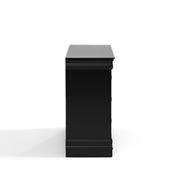 Front facing side view of a traditional black finish solid wood six-drawer dresser on a white background