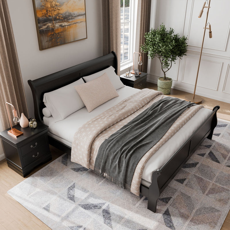 Devi Traditional Solid Wood 3-Piece Bed and 2-Nightstand Bedroom Set