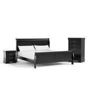 Right facing three-piece traditional black finish solid wood king bedroom set with (1) king sleigh bed, (1) two-drawer nightstand, and (1) five-drawer chest on a white background