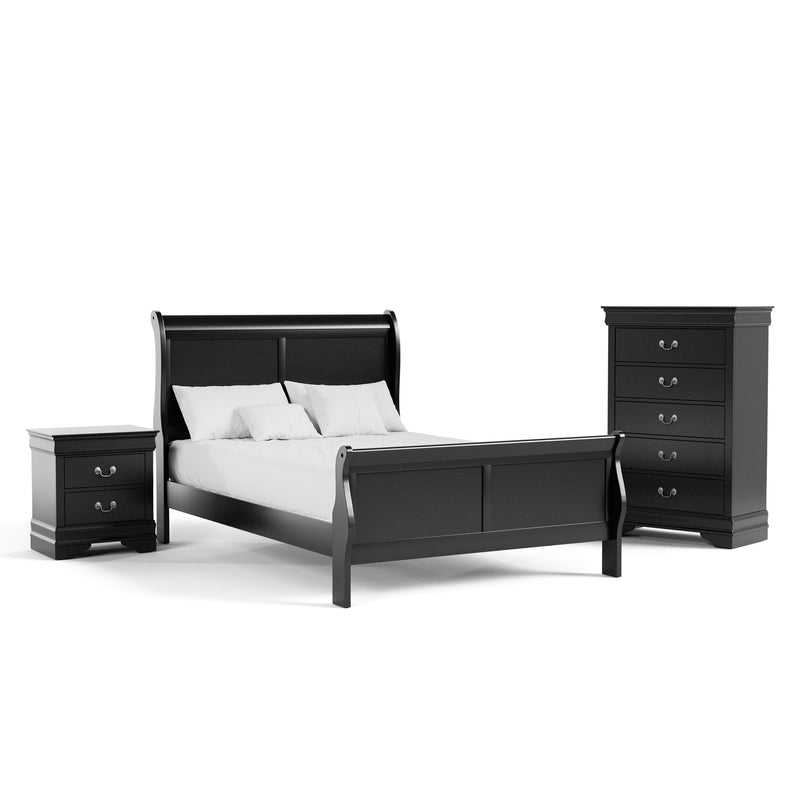 Right facing three-piece traditional black finish solid wood full bedroom set with (1) full sleigh bed, (1) two-drawer nightstand, and (1) five-drawer chest on a white background