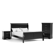 Right facing three-piece traditional black finish solid wood queen bedroom set with (1) queen sleigh bed, (1) two-drawer nightstand, and (1) five-drawer chest on a white background