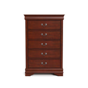 Front facing traditional cherry finish solid wood five-drawer chest on a white background