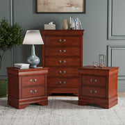 Three-piece traditional cherry finish bedroom set that includes (1) five-drawer chest and (2) two-drawer nightstands in a room with accessories