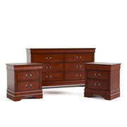 Three-piece traditional cherry finish bedroom set that includes (1) six-drawer dresser and (2) two-drawer nightstands on a white background