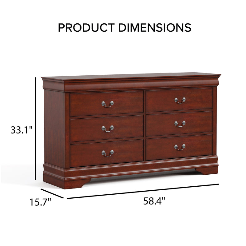 Informational image with a traditional cherry finish solid wood six-drawer dresser overlaid with product dimensions
