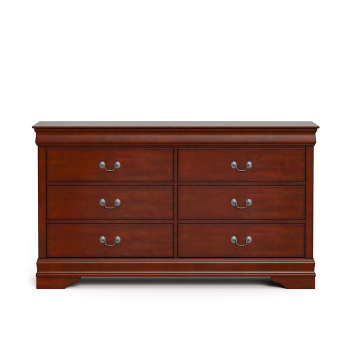 Front facing traditional cherry finish solid wood six-drawer dresser on a white background