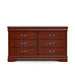 Front facing traditional cherry finish solid wood six-drawer dresser on a white background