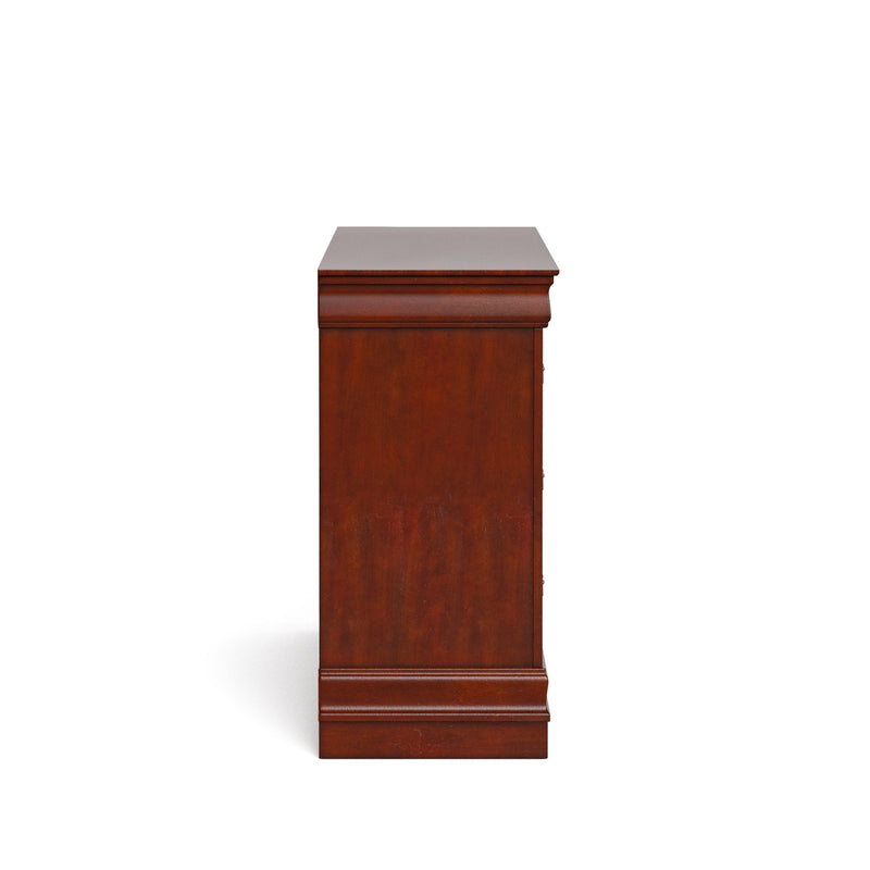Front facing side view of a traditional cherry finish solid wood six-drawer dresser on a white background