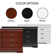 Informational image with a traditional solid wood six-drawer dresser highlighting its finish color options