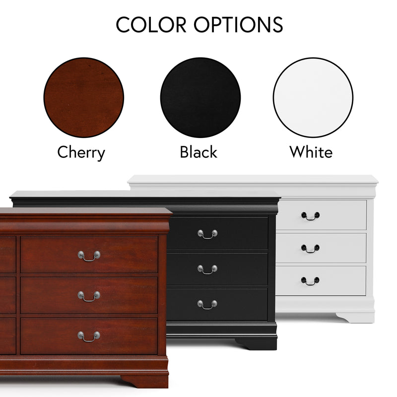 Informational image with a traditional solid wood six-drawer dresser highlighting its finish color options