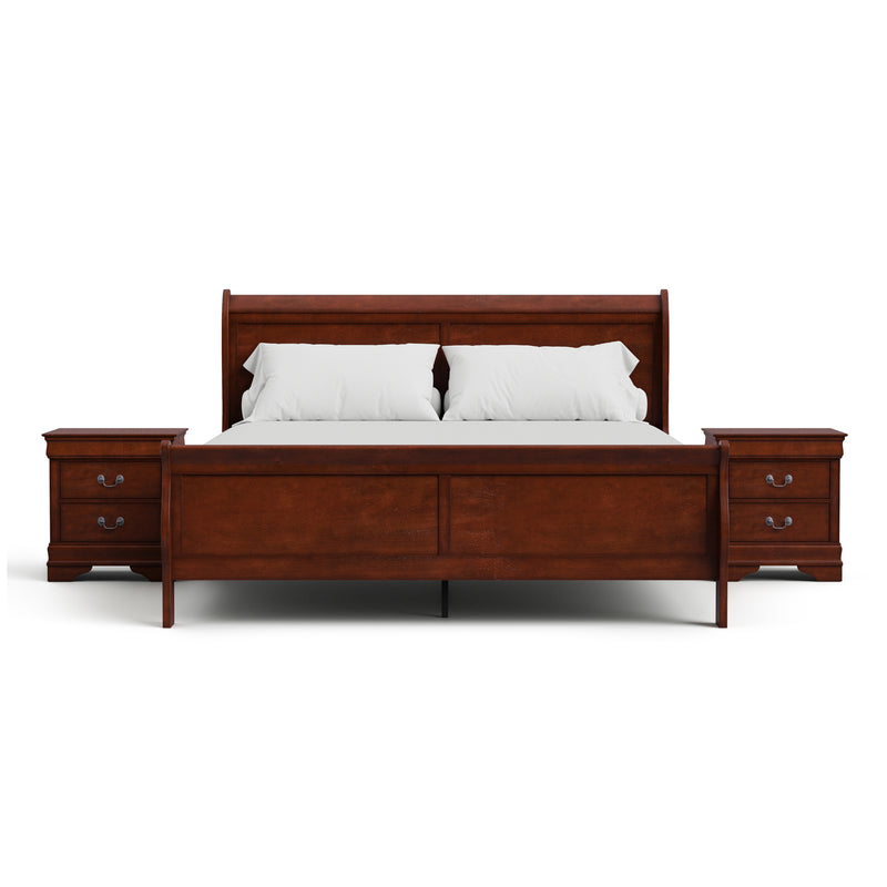 Devi Traditional Solid Wood 3-Piece Bed and 2-Nightstand Bedroom Set