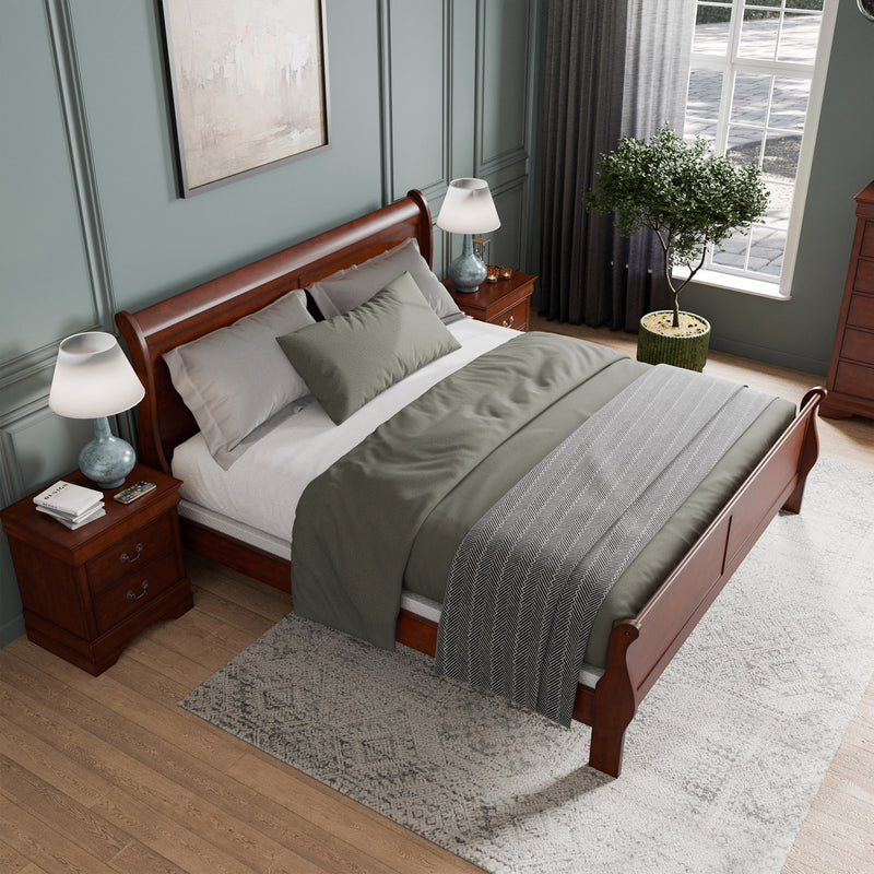 Devi Traditional Solid Wood 3-Piece Bed and 2-Nightstand Bedroom Set