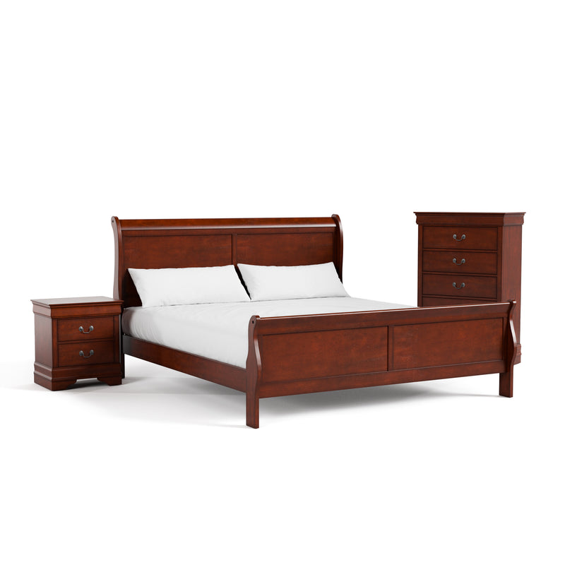 Right facing three-piece traditional cherry finish solid wood king bedroom set with (1) king sleigh bed, (1) two-drawer nightstand, and (1) five-drawer chest on a white background