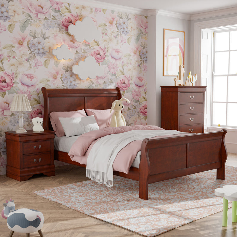 Right facing three-piece traditional cherry finish solid wood full bedroom set with (1) full sleigh bed, (1) two-drawer nightstand, and (1) five-drawer chest in a room with linens and accessories