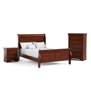 Right facing three-piece traditional cherry finish solid wood full bedroom set with (1) full sleigh bed, (1) two-drawer nightstand, and (1) five-drawer chest on a white background