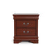 Front facing traditional cherry finish solid wood two-drawer nightstand on a white background