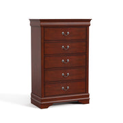 Right facing traditional cherry finish solid wood five-drawer chest on a white background