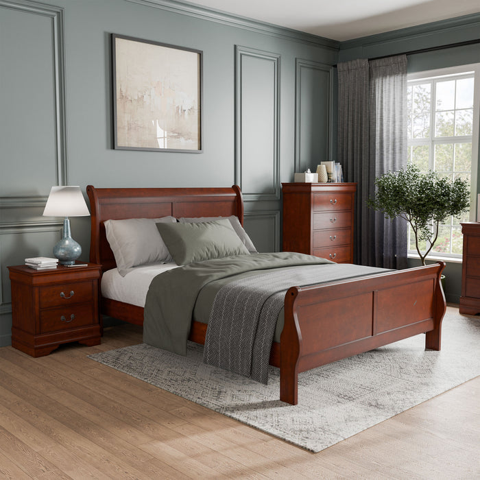 Right facing three-piece traditional cherry finish solid wood queen bedroom set with (1) queen sleigh bed, (1) two-drawer nightstand, and (1) five-drawer chest in a room with linens and accessories