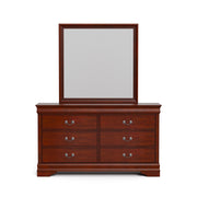Front facing traditional cherry finish solid wood six-drawer dresser with a mirror on a white background