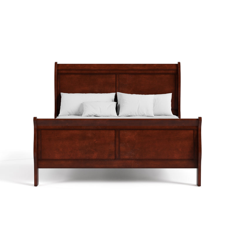Front facing traditional cherry finish solid wood queen bed with linens on a white background