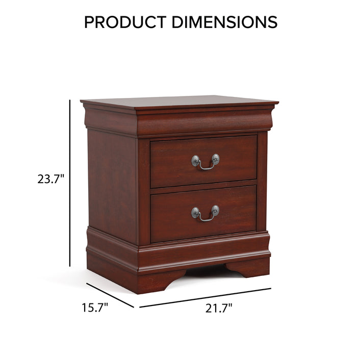 Informational image of a traditional cherry finish solid wood two-drawer nightstand overlaid with product dimensions, on a white background