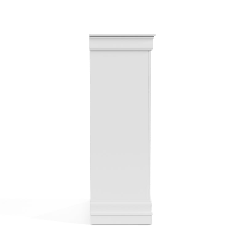 Front facing side view of a traditional white finish solid wood five-drawer chest on a white background