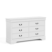Right facing traditional white finish solid wood six-drawer dresser on a white background