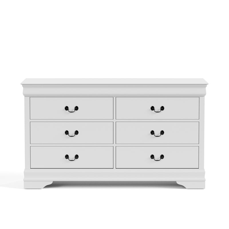 Front facing traditional white finish solid wood six-drawer dresser on a white background