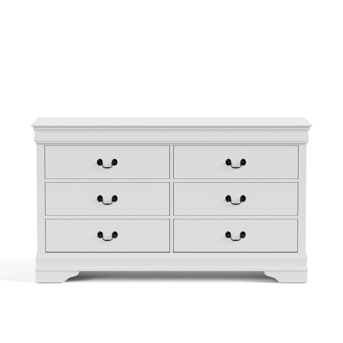 Front facing traditional white finish solid wood six-drawer dresser on a white background