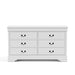 Front facing traditional white finish solid wood six-drawer dresser on a white background