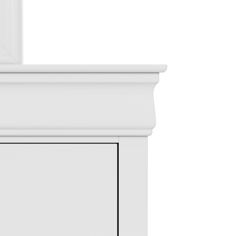 Front facing close up of a traditional white finish solid wood two-drawer nightstand showing its molded trim, on a white background