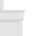 Front facing close up of a traditional white finish solid wood two-drawer nightstand showing its molded trim, on a white background