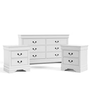 Three-piece traditional white finish bedroom set that includes (1) six-drawer dresser and (2) two-drawer nightstands on a white background