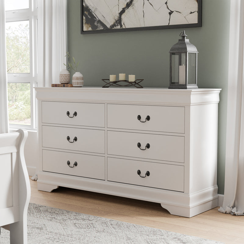 Left facing traditional white finish solid wood six-drawer dresser in a room with accessories