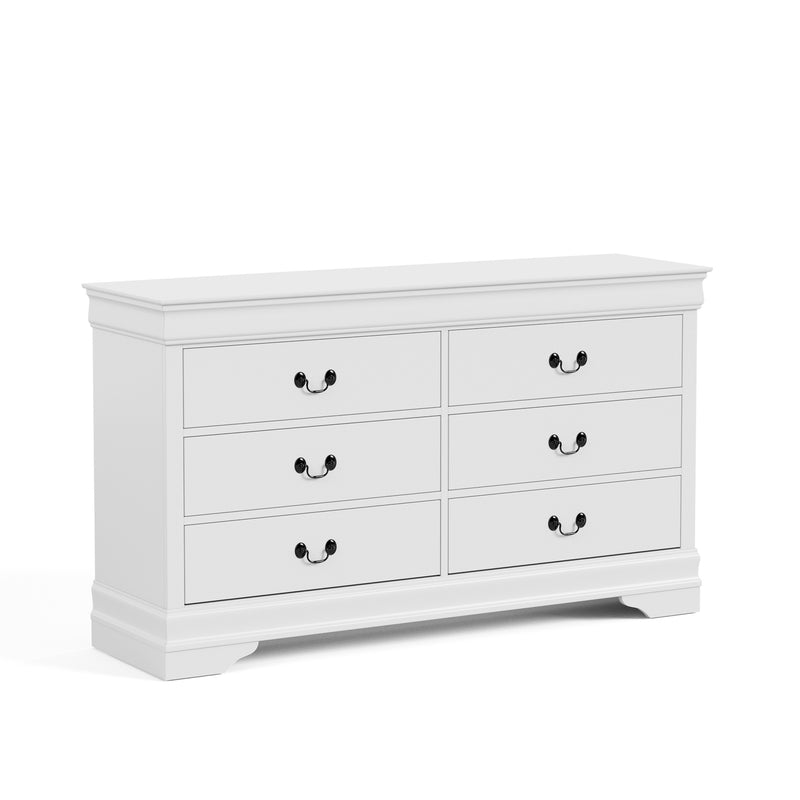 Right facing traditional white finish solid wood six-drawer dresser on a white background