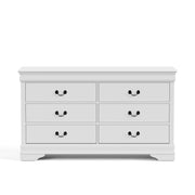 Front facing traditional white finish solid wood six-drawer dresser on a white background
