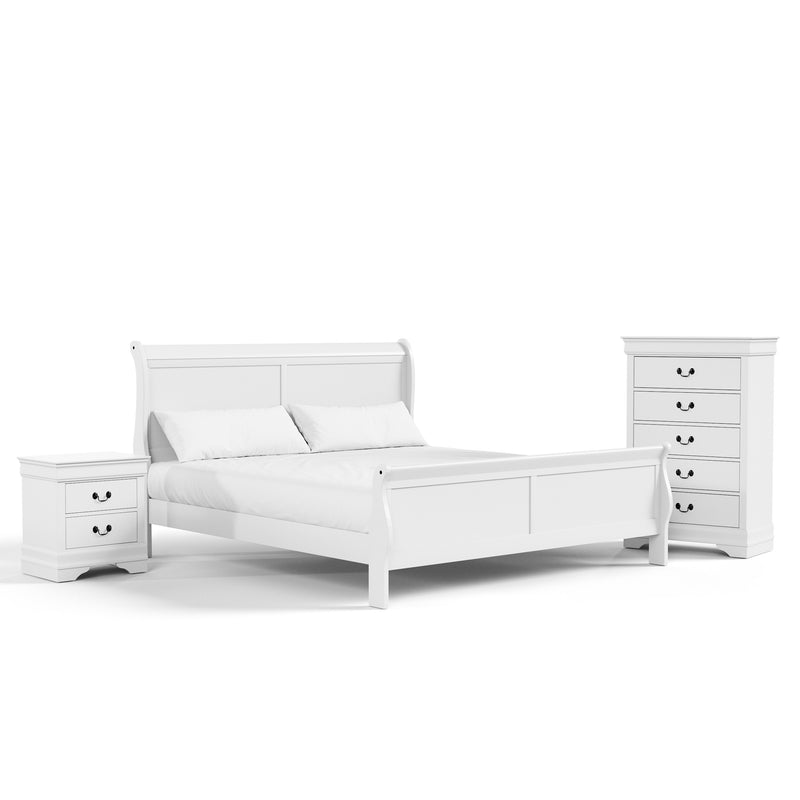 Right facing three-piece traditional black finish solid wood king bedroom set with (1) king sleigh bed, (1) two-drawer nightstand, and (1) five-drawer chest on a white background