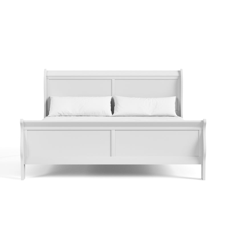 Front facing traditional black finish solid wood king sleigh bed with linens on a white background