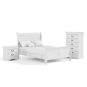 Right facing three-piece traditional black finish solid wood full bedroom set with (1) full sleigh bed, (1) two-drawer nightstand, and (1) five-drawer chest on a white background