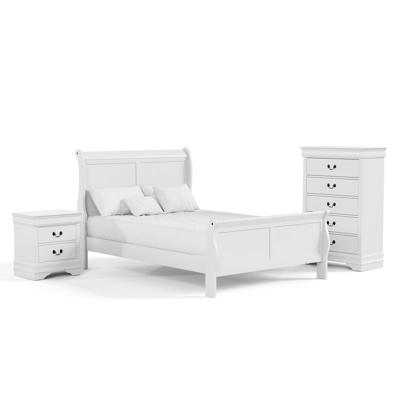 Right facing three-piece traditional black finish solid wood full bedroom set with (1) full sleigh bed, (1) two-drawer nightstand, and (1) five-drawer chest on a white background