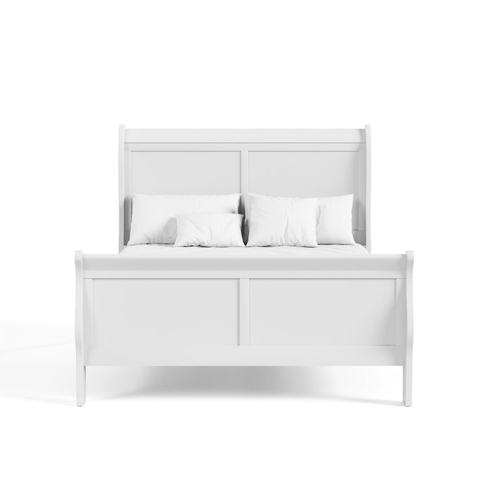 Front facing traditional black finish solid wood full sleigh bed with linens on a white background