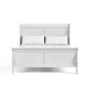Front facing traditional white finish solid wood queen sleigh bed with linens on a white background