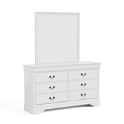 Right facing traditional white finish solid wood six-drawer dresser with a mirror on a white background
