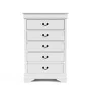 Front facing traditional white finish solid wood five-drawer chest on a white background