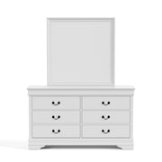 Front facing traditional white finish solid wood six-drawer dresser with a mirror on a white background