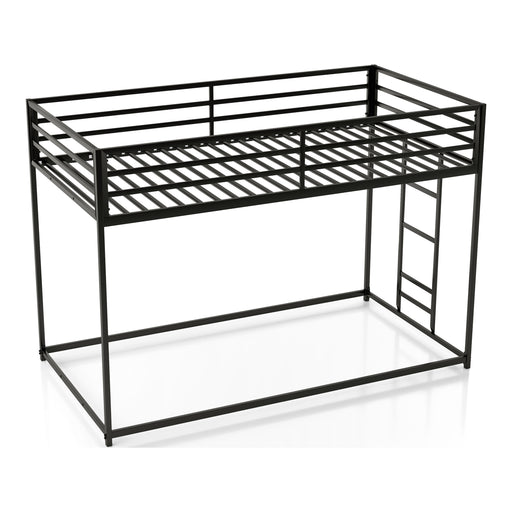 Right facing contemporary black metal twin-over-twin bunk bed on a white background