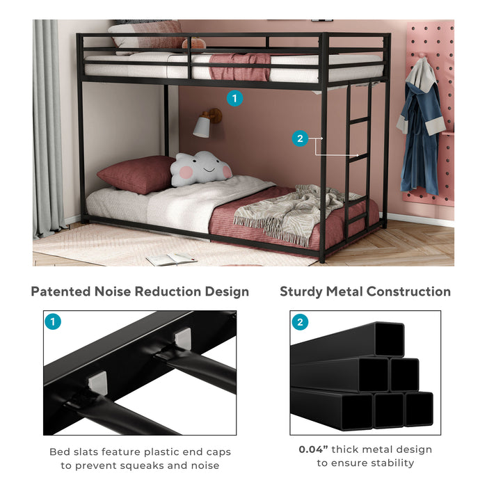 Informational image showing the metal construction of a contemporary black metal twin-over-twin bunk bed 