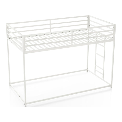 Left facing high view of a contemporary white metal twin-over-twin bunk bed on a white background